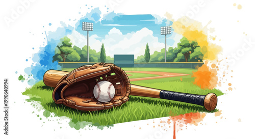 A baseball glove and bat on a green field with a ball