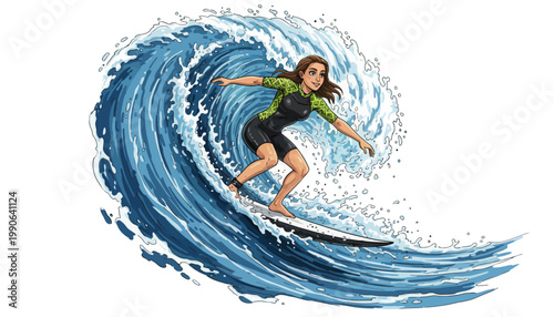 A woman in a wetsuit surfing on a large blue wave