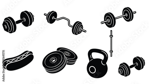 Fitness Equipment and Hot Dog Icons Set - Gym Workout Gear and Unhealthy Snack Illustration