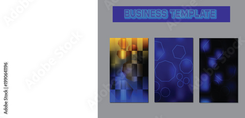 Modern Abstract Business Template Set with Blue and Gold Geometric Backgrounds. The layouts utilize deep blue tones, golden gradients, and geometric bokeh effects, making them.