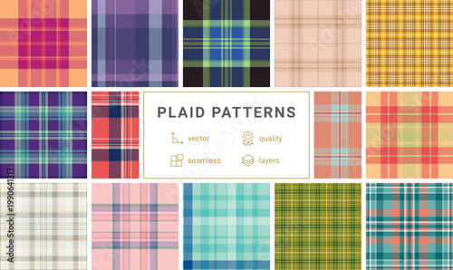 Plaid pack tailored for packaging of spring goods. Coordinated tartan patterns unify product presentation. Seamless vectors repeat flawlessly.