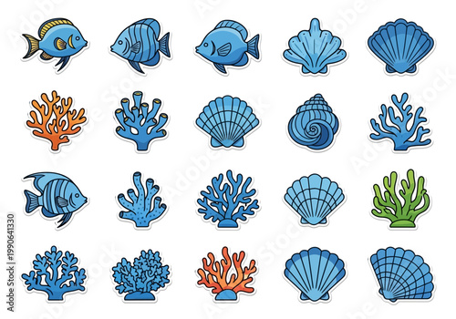 Colorful cartoon sea shells and fish.