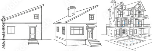 Vector Set of Detailed Architectural House Designs Featuring a Small Cottage, Standard Home, and Modern Multi-Story Building with Pool for Real Estate and Construction Projects