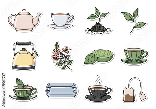 Tea cups and tea accessories collection.