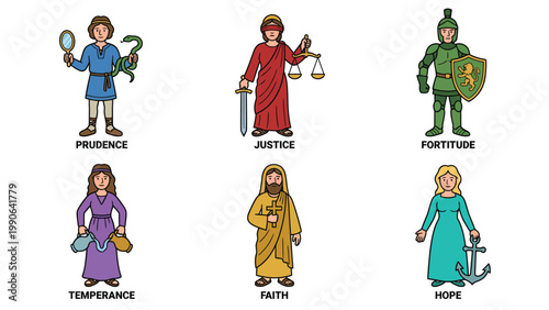 Symbolic Virtues Set: Prudence, Justice, Fortitude, Temperance, Faith, Hope Cartoon Illustration