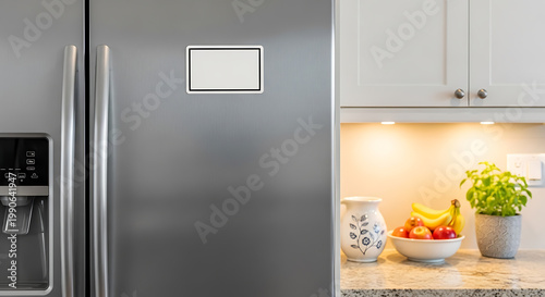 Modern stainless steel fridge freezer with water dispenser, mockup, blank spaces for text