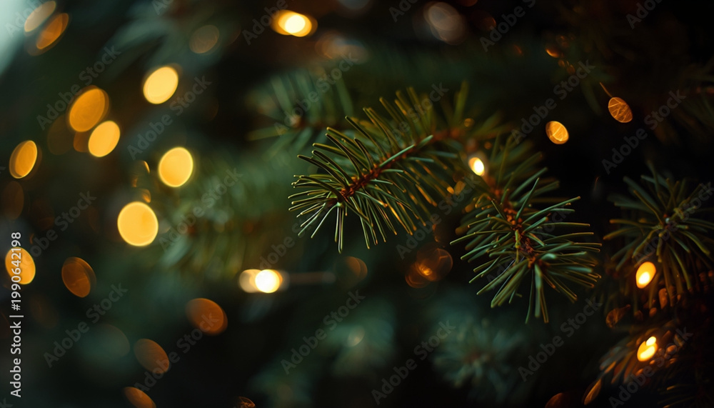 Fototapeta premium A close-up of a Christmas tree branch with warm golden lights in the background.