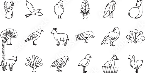 Hand drawn animal and nature outline icon set featuring birds, deer, fox, plants and trees minimal line vector illustration collection isolated on white