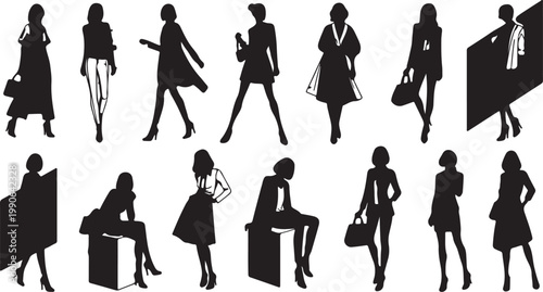 Stylish women silhouettes collection with shopping, walking and sitting poses, elegant female figures with handbags fashion lifestyle vector illustration isolated on white