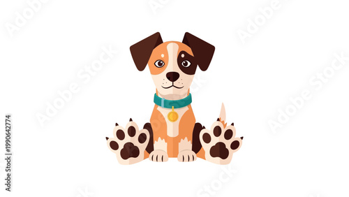 An adorable cartoon puppy with a teal collar sits on a white background showing its paws.
