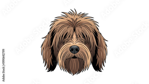 An illustration of a dog's head with shaggy fur and a black nose