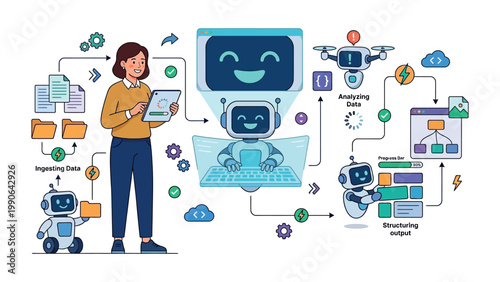 Woman interacts with happy robot analyzing data flowchart around her.
