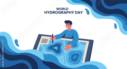 Принти на полотні Man creating a hydrography map on a digital tablet for World Hydrography Day