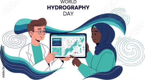 Two people analyzing hydrography data on a tablet for World Hydrography Day celebration