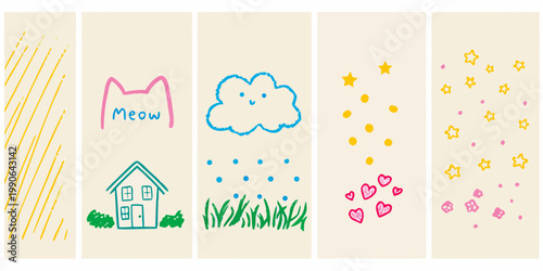 Colorful hand drawn bookmarks featuring whimsical weather and cute illustrations