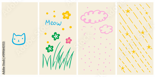 Four vertically arranged panels featuring childlike drawings and whimsical designs