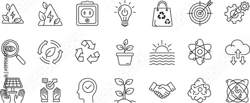 Sustainability renewable energy icons, eco friendly technology symbols, science innovation graphics, environmental awareness plant illustration, global progress handshake design, solar panel growth