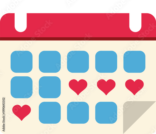 Illustrated calendar with red hearts representing health, love, and menstrual planning