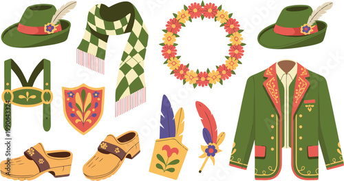 Traditional German folklore costume set with green jacket alpine hat lederhosen suspenders and wooden clogs for Oktoberfest festival celebration and cultural events flat vector illustration