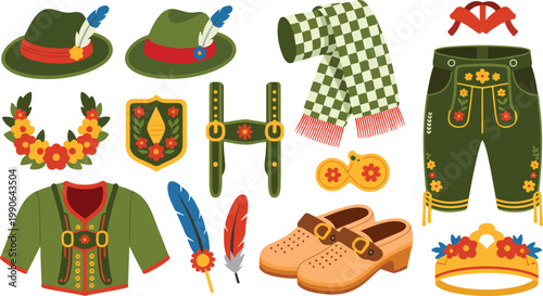 Traditional German folklore costume set with green jacket alpine hat lederhosen suspenders and wooden clogs for Oktoberfest festival celebration and cultural events flat vector illustration