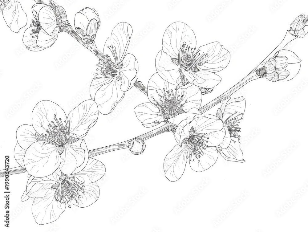 Obraz premium Plum blossoms branch lineart outline black white minimal floral simple botanical coloring page design