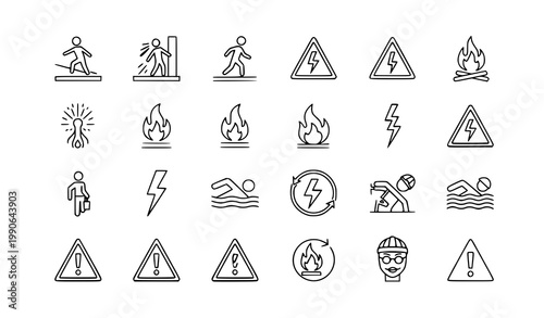 Collection of line icons representing extreme sports and outdoor activities with rock climbing mountain biking cliff diving wingsuit flying water sports winter sports summer sports line art