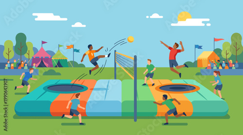 Children playing volleyball on trampolines outdoors.