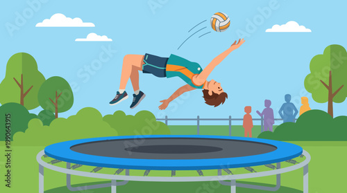 Boy jumping on trampoline in park.