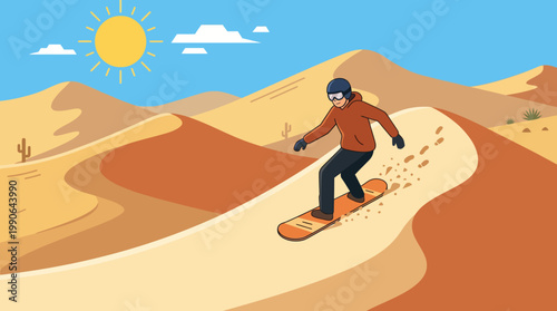 Man snowboarding on sandy desert dunes.