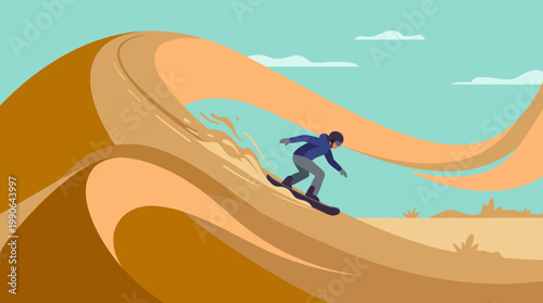 Man riding a snowboard on sand dune.