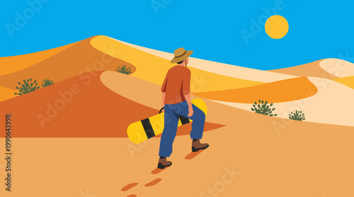 Man walking with surfboard in desert sand dunes.