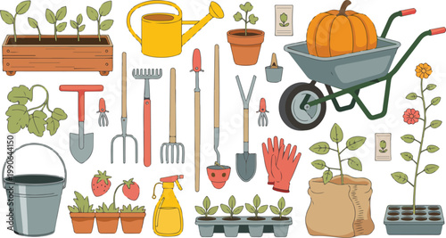 Large collection of garden tools and equipment with wheelbarrow pumpkin watering can seedlings and plants for agriculture landscaping and spring gardening flat vector illustration set