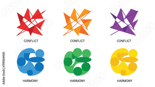 Abstract geometric shapes illustrating conflict and harmony concepts with contrasting forms and colors