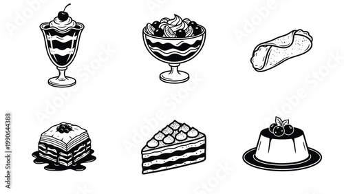 Sweet Treats Collection: Monochrome Line Art Illustrations of Desserts, Pastries, and Puddings