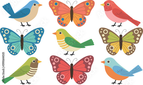 Whimsical collection of colorful songbirds and butterflies with decorative patterns for spring nature themes children nursery art and seasonal greeting card design flat vector illustration