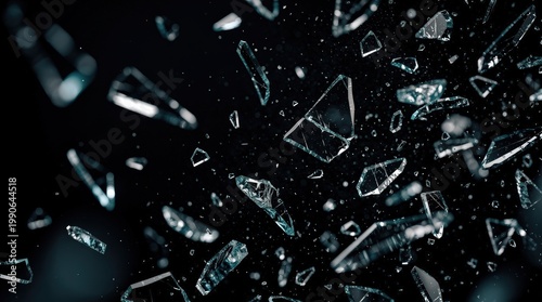 Shattered glass fragments floating against a dark background, capturing sharp, irregular shapes with reflective surfaces.