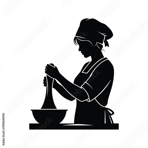 Female baker silhouette vector illustration line art preparing dough in kitchen.