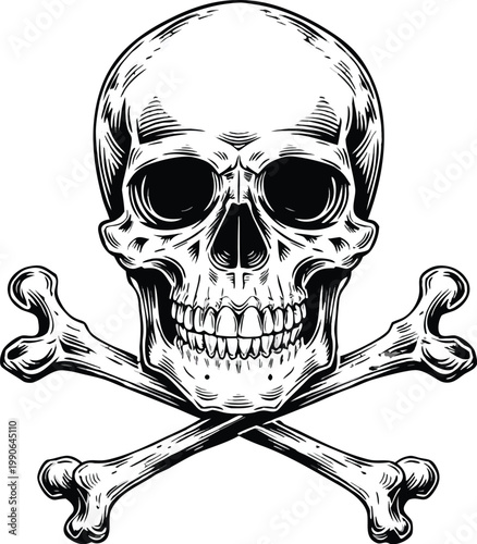 Intricate Skull and Crossed Bones – Detailed Black and White Illustration. Highly detailed vintage skull and crossbones illustration, front-facing human skull with deep eye sockets and realistic teeth