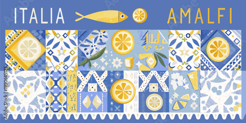 Colorful amalfi coast illustration featuring lemons fish and italian tile patterns