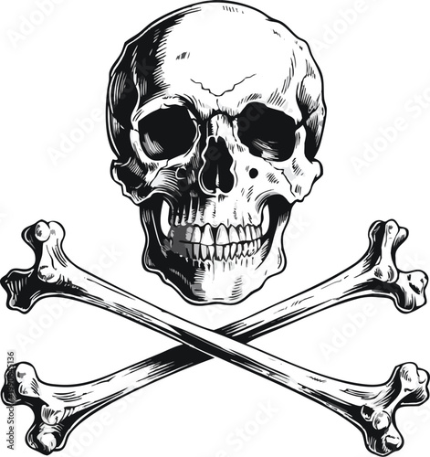 Intricate Skull and Crossed Bones – Detailed Black and White Illustration. Highly detailed vintage skull and crossbones illustration, front-facing human skull with deep eye sockets and realistic teeth