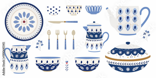 Blue and white patterned ceramic tableware collection on a white background