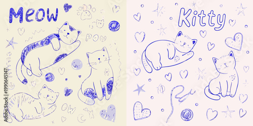 Cute hand drawn cats and kittens with hearts and stars pattern