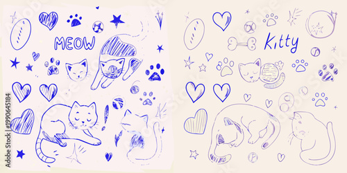 Playful blue sketches of cats paw prints and hearts on a white background
