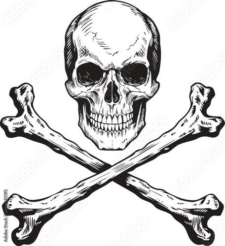 Intricate Skull and Crossed Bones – Detailed Black and White Illustration. Highly detailed vintage skull and crossbones illustration, front-facing human skull with deep eye sockets and realistic teeth