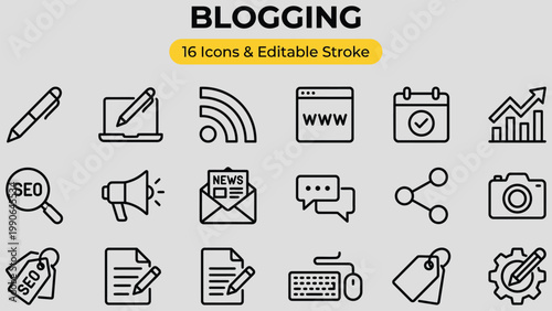 A collection of sixteen diverse outline icons representing blogging concepts and digital content creation tools for online communication and marketing purposes