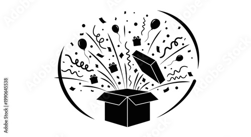 An illustration depicting the joyful surprise of a gift box exploding with celebratory items. The open box releases party elements, creating a sense of excitement and anticipation