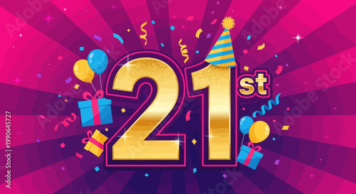 A festive celebration of a twenty-first birthday with colorful decorations. The number 21 is adorned with a party hat, surrounded by balloons, confetti, and gift boxes. 