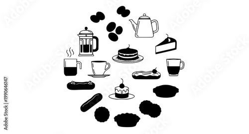 Title:
Minimal hand drawn coffee and dessert icon set with elegant line art sweets and drink elements