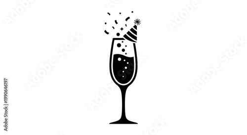 A celebratory champagne flute with party hat and confetti elements, marking a special occasion 