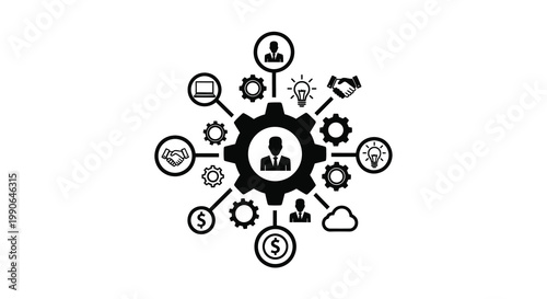 Business concept with interconnected icons and a central human figure silhouette